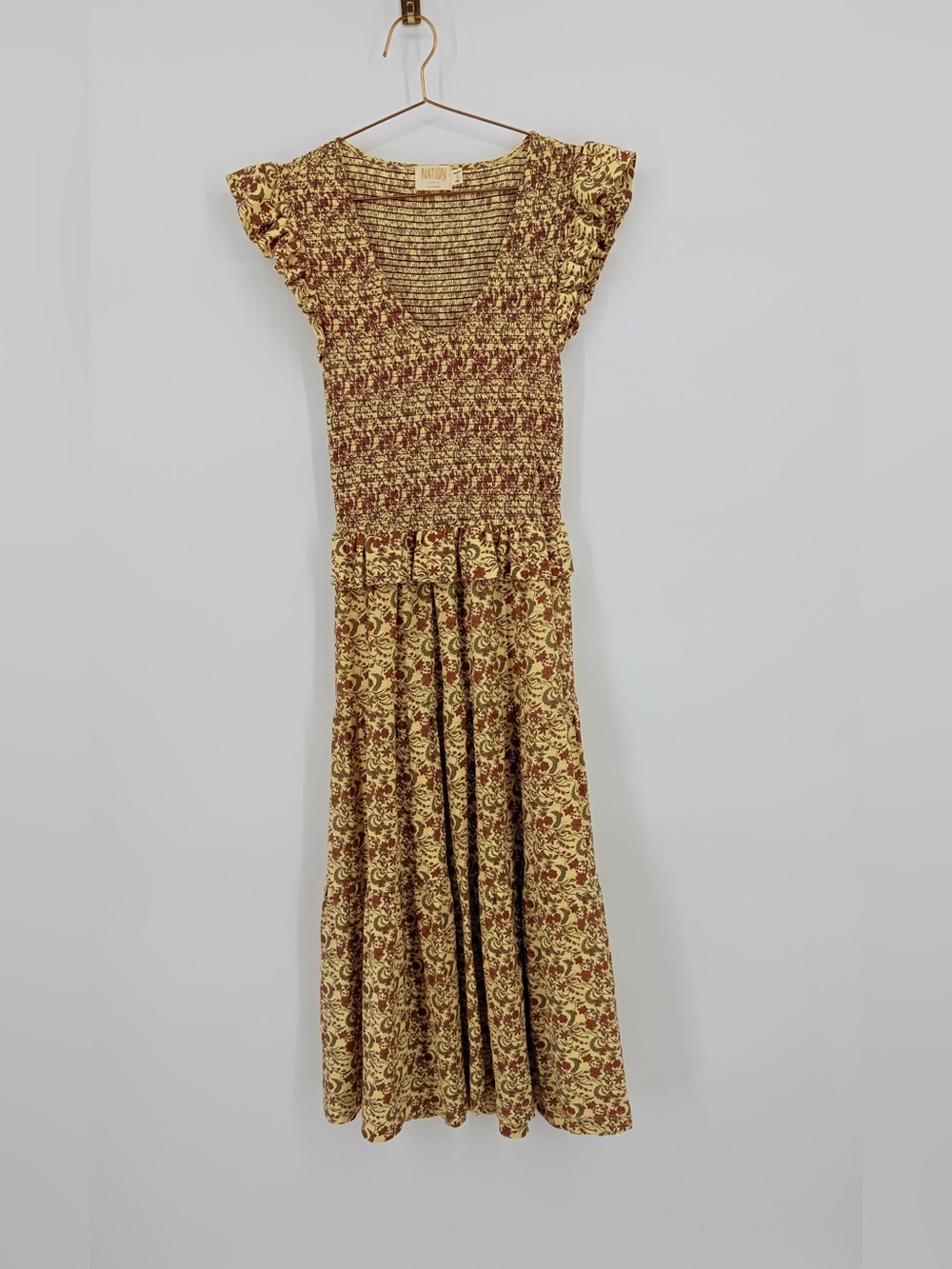 Nation LTD Floral Smocked Maxi Dress Pima Cotton Flutter Sleeve Size S
